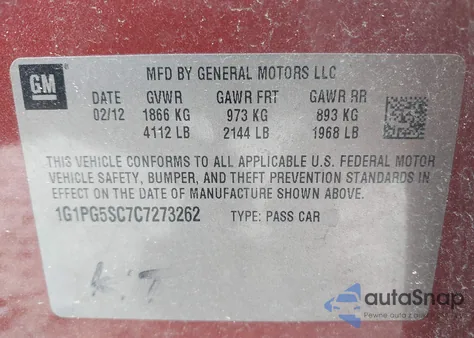 2012 Chevrolet Cruze 2Lt z USA, uszkodzony, nr VIN 1G1PG5SC7C7273262